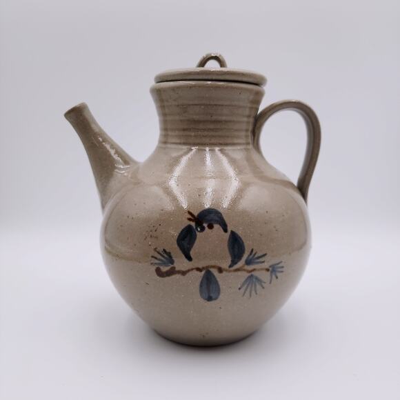 VTG Jugtown Ware Teapot/Pitcher w/Lid Blue Bird Slipware Redware Pottery - Picture 4 of 16